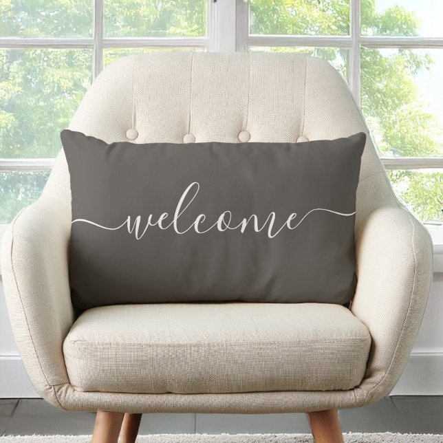 Welcome Bronze Brown Calligraphy  Lumbar Cushion (Welcome Bronze Brown Quote Calligraphy Typography Lumbar Pillow)