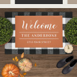 Welcome Burnt Orange Personalised Family Name Doormat<br><div class="desc">Elegant and timeless custom doormat features "Welcome" in calligraphy script writing with your family's last name and your home's street address personalised in white with simple stripe accents. Note,  the burnt orange / terracotta background and white text colours can be modified to coordinate with your porch or entry decor.</div>