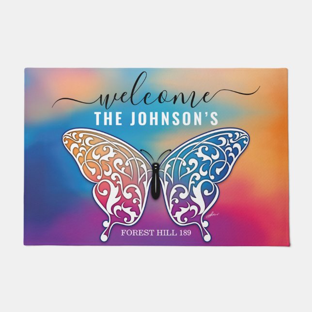 Welcome Butterfly Personalised Family Name Doormat (Front)