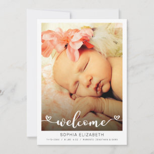 Welcome Calligraphy Baby Girl Hearts Photo Announcement