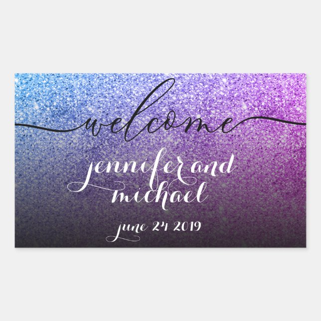 Welcome Calligraphy Glitter Pink Teal Rectangular Sticker (Front)