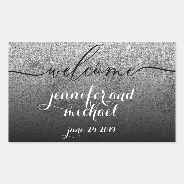 Welcome Calligraphy Glitter Silver Rectangular Sticker (Front)