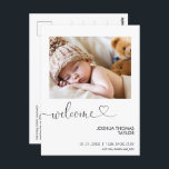 Welcome Calligraphy Heart Birth Announcement Postcard<br><div class="desc">Welcome Calligraphy Heart Birth Announcement Postcard

Modern single photo on the front birth birth announcement postcard featuring a modern calligraphy word welcome and heart.  The parents message appears on the back. This modern birth announcement postcard is a sweet way to announce the birth of your newborn baby boy.</div>