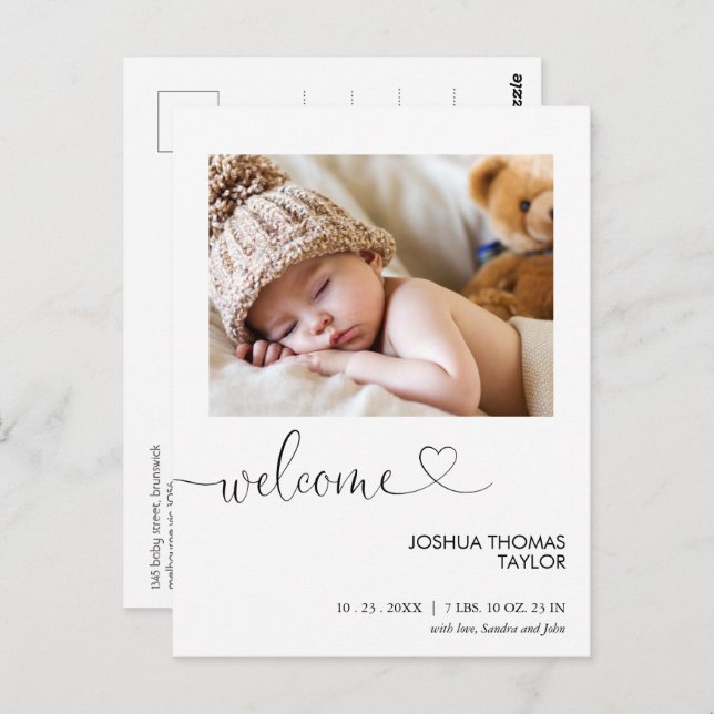 Welcome Calligraphy Heart Birth Announcement Postcard (Front/Back)