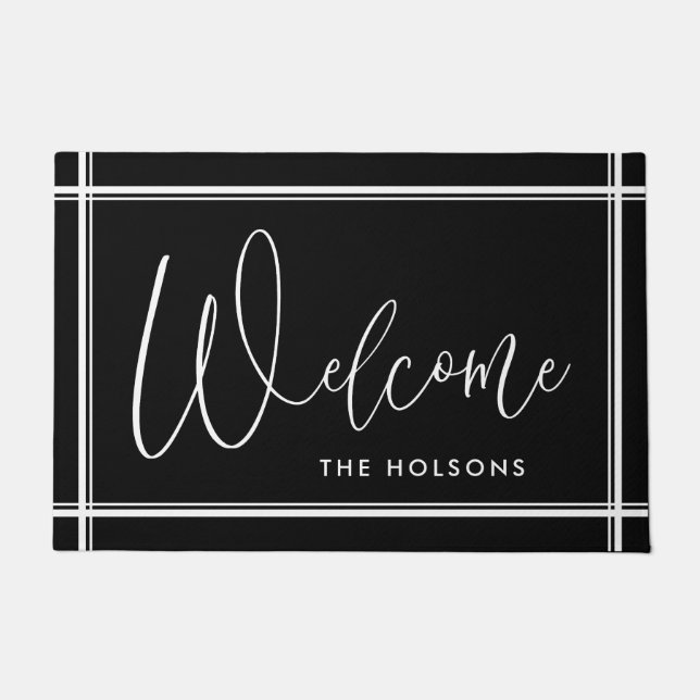 Welcome Calligraphy Script Last Name Black Doormat (Front)