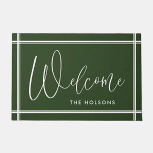 Welcome Calligraphy Script Last Name Forest Green Doormat