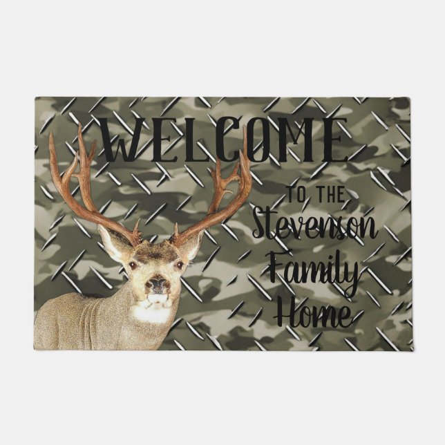 Welcome Camo Deer Hunting Buck Antlers Family Name Doormat (Front)