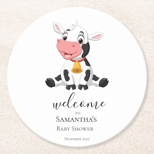 Welcome Cartoon Cow Calf Baby Shower Round Paper Coaster (Front)