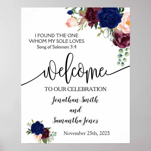 Welcome ceremony wedding navy burgundy floral sign (Front)