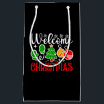 Welcome Christmas-23758  Small Gift Bag<br><div class="desc">Cheerful Welcome Christmas design featuring a festive tree,  ornaments,  mittens,  and snowflakes—perfect for holiday gifts,  decor,  and seasonal apparel. (Design Tracking Code-23758)</div>