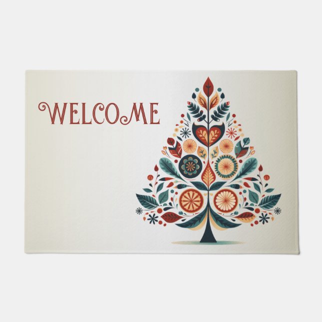 Welcome Christmas Colorful Tree Scandinavia Folk  Doormat (Front)
