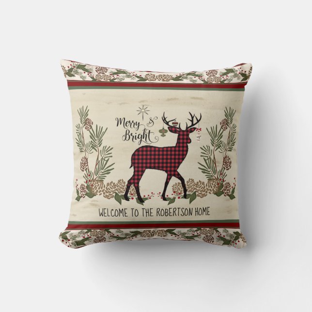 Welcome Christmas Deer Antlers Merry Bright w Name Cushion (Front)
