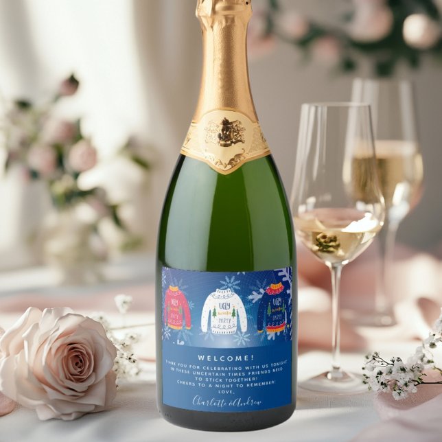 Welcome Christmas party ugly sweater red blue Sparkling Wine Label (Creator Uploaded)