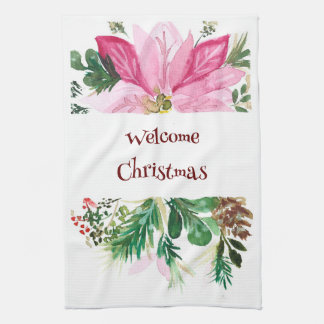 Welcome Christmas Towel, Pink/Green Poinsettia Tea Towel