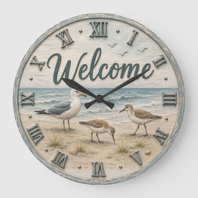 Welcome Coastal Seabirds Rustic Beach House  Large Clock (Front)