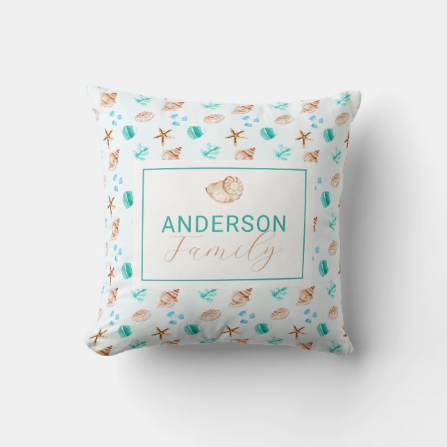Welcome Coastal Seashells Beach House Family Name Cushion (Front)