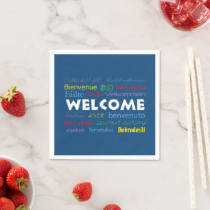 Welcome Colourful Many Languages Blue Background Napkin