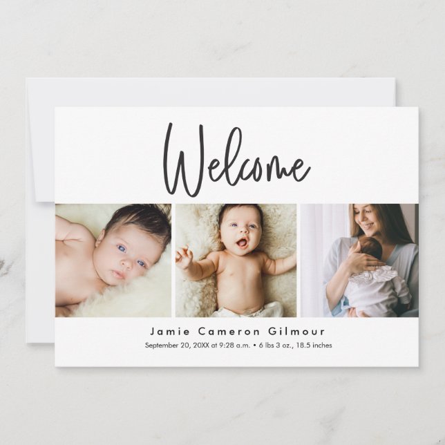 Welcome Custom Baby photos Modern Script Birth Thank You Card (Front)
