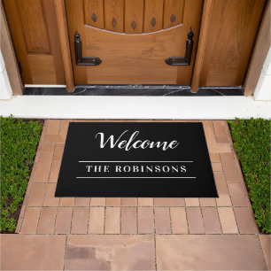 Welcome Custom Family Name Modern Black White  Doormat