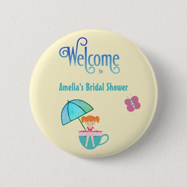 Welcome Custom Name Bridal Shower Teacup   6 Cm Round Badge (Front)