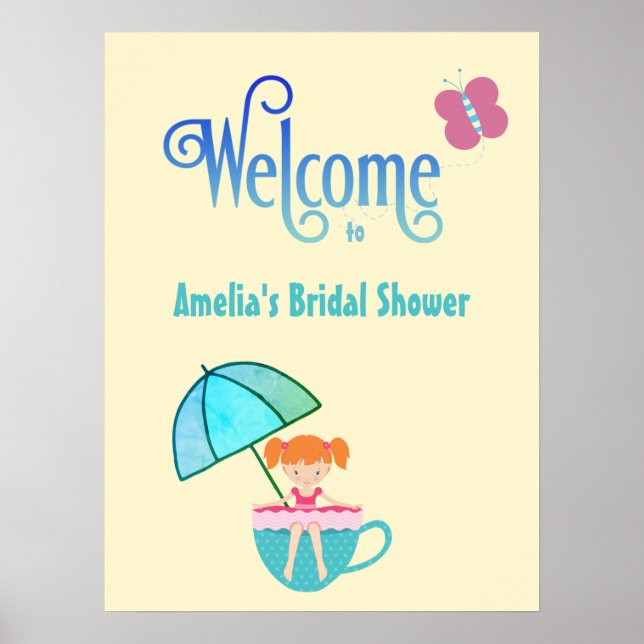Welcome Custom Name Bridal Shower Teacup Butterfly Poster (Front)