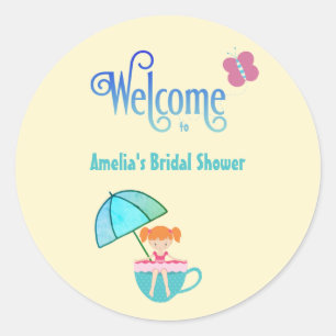 Welcome Custom Name Bridal Shower Teacup   Classic Round Sticker