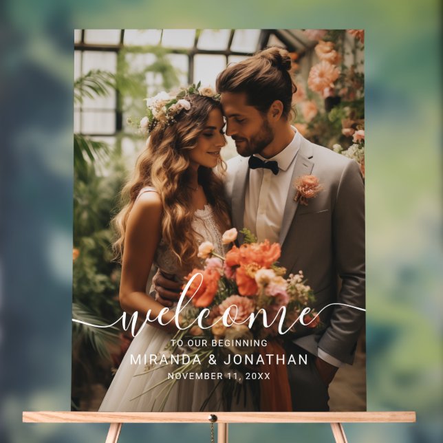 'Welcome' Custom Photo Wedding Acrylic Sign (Neutral)