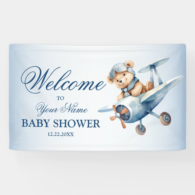 Welcome Cute Baby Bear Pilot Blue Aeroplane Banner (Horizontal)