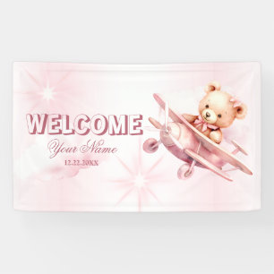 Welcome Cute Girl Baby Bear Pilot Pink Aeroplane Banner