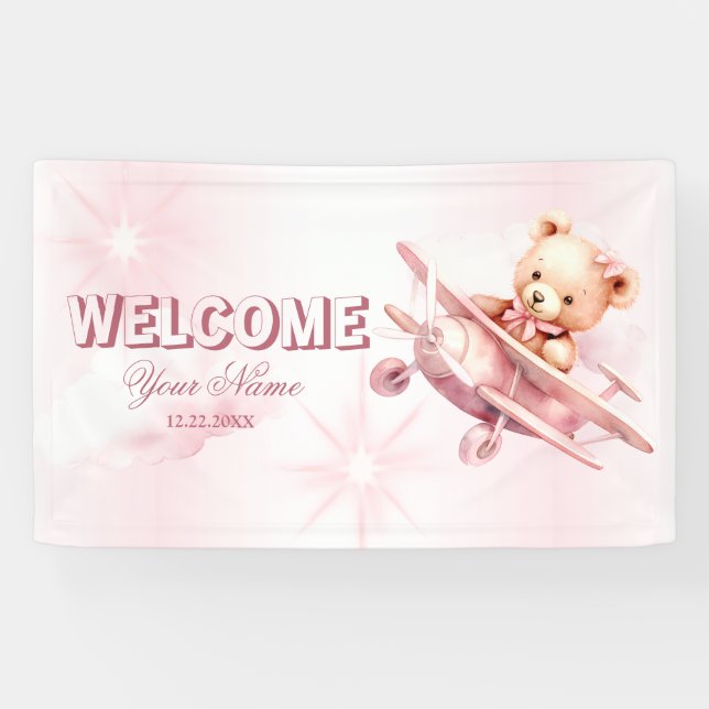 Welcome Cute Girl Baby Bear Pilot Pink Aeroplane Banner (Horizontal)