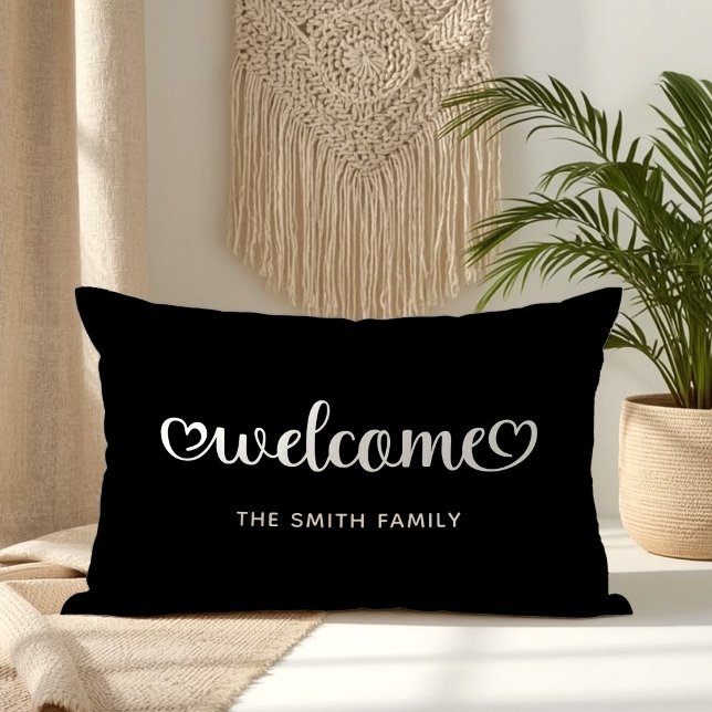 Welcome Cute Hearts Script Lumbar Cushion (Welcome Cute Hearts Script Lumbar Pillow)