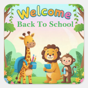 Welcome Cute Jungle Animals School Square Sticker