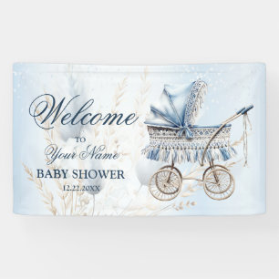 Welcome Cute Stroller Blue Floral Beautiful Party Banner