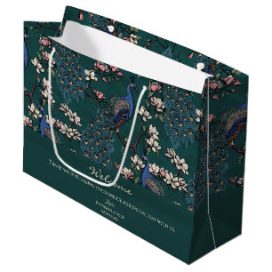 Welcome Dark Teal Floral Peacocks Large Gift Bag