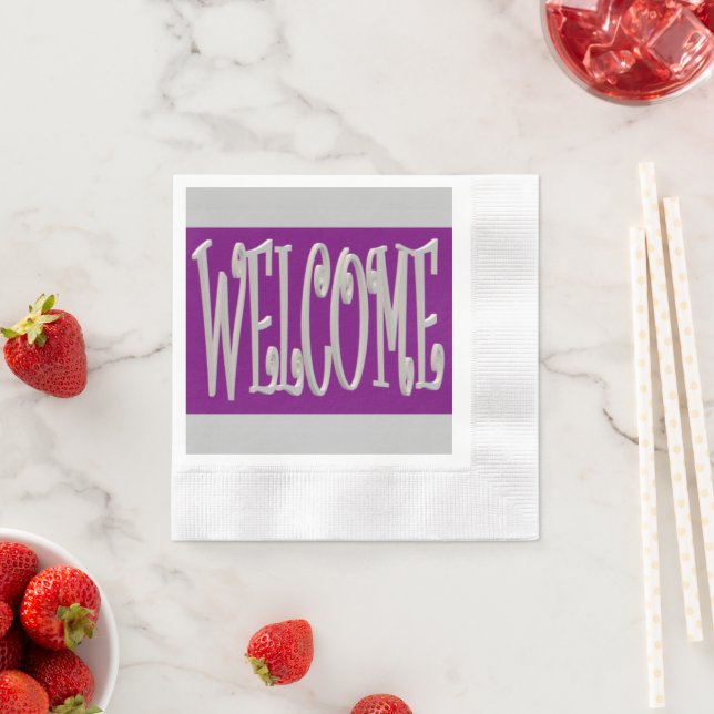 Welcome design grey and purple With Text Napkin (Insitu)