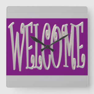 Welcome design grey and purple With Text Square Wall Clock