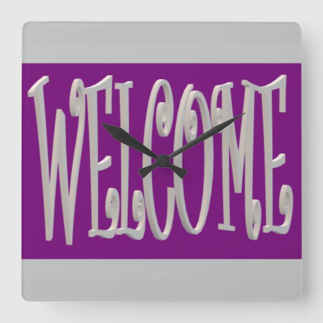 Welcome design grey and purple With Text Square Wall Clock (Front)