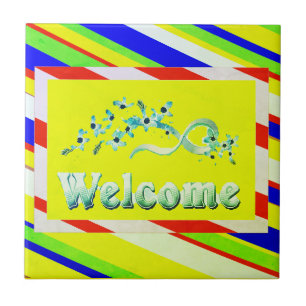 WELCOME DESIGN YELLOW WITH SILVER TEXT CERAMIC TILE