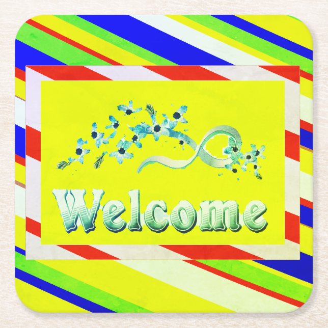 WELCOME DESIGN YELLOW WITH SILVER TEXT SQUARE PAPER COASTER (Front)
