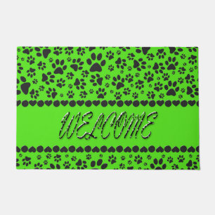 Welcome Dog Paws Black & White Polka Dot on Green Doormat