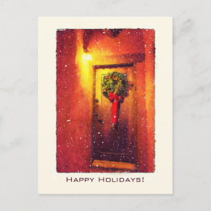 Welcome Door Wreath Snowy Christmas Holiday Postcard