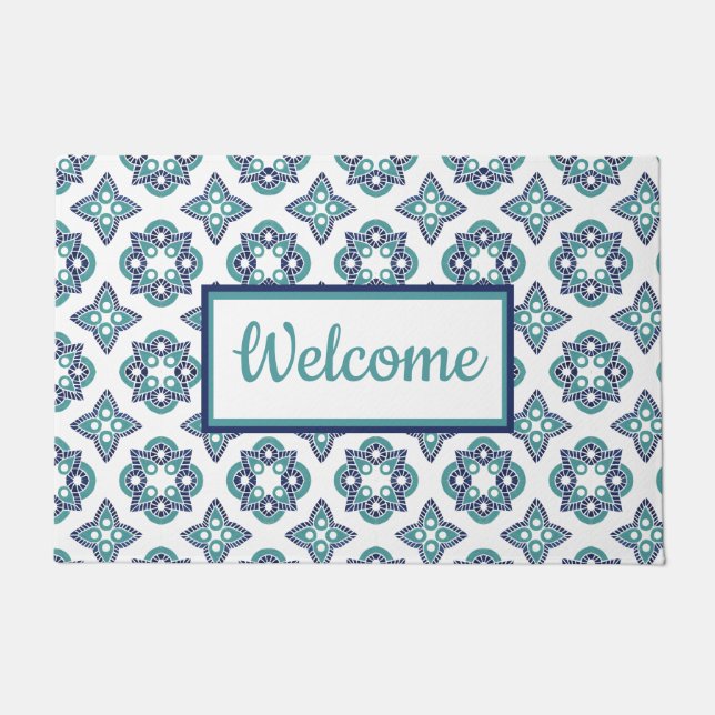 Welcome DoorMat Turquoise tile pattern (Front)