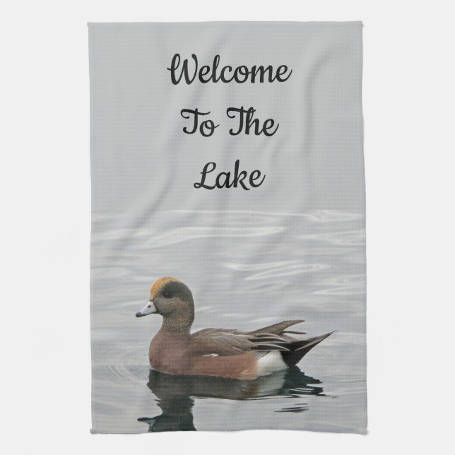Welcome Duck Photo Wigeon Calm Water Lake House Tea Towel (Vertical)