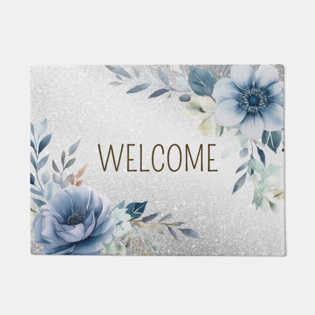 Welcome Dusty Blue Watercolor Flowers Silver Doormat (Front)