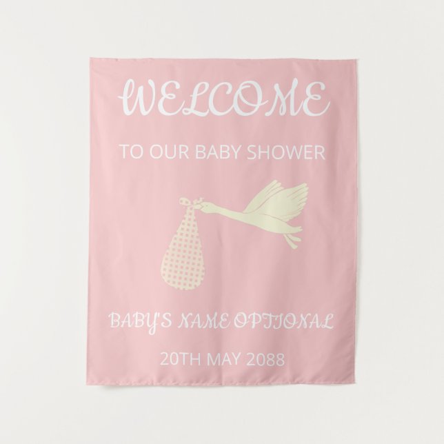 Welcome Elegant Pink,White Text And Stork Tapestry (Front)