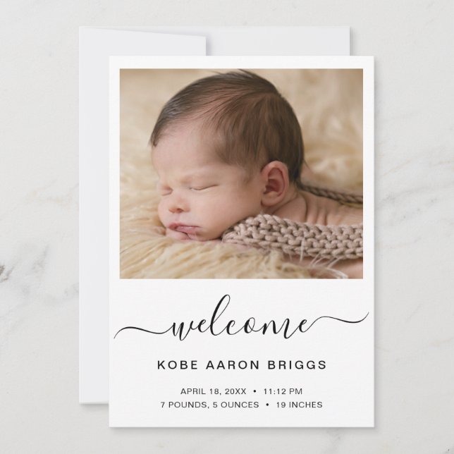 Welcome Elegant Simple Baby Photo Birth Announcement (Front)