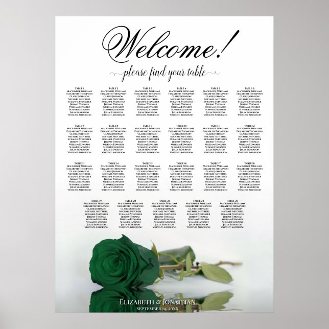 Welcome! Emerald Green Rose 23 Table Seating Chart (Front)