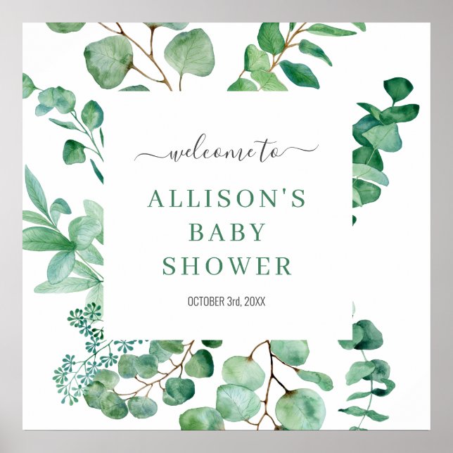 Welcome Eucalyptus Watercolor Greenery Baby Sign (Front)