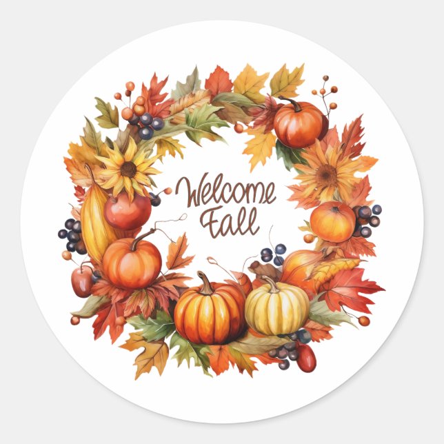 Welcome Fall Colourful Autumn Pumpkin Wreath  Classic Round Sticker (Front)