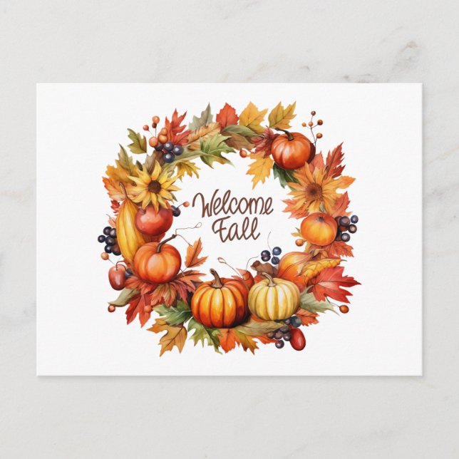 Welcome Fall Colourful Autumn Pumpkin Wreath  Holiday Postcard (Front)